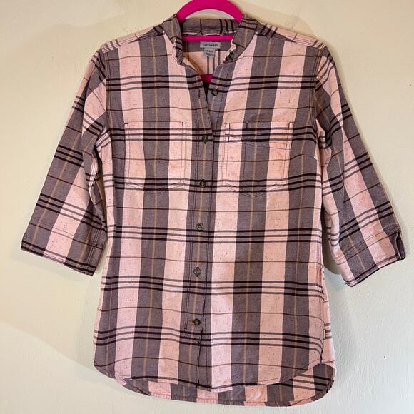 Carhartt Relaxed Fit Flannel Sz XS Pink Brown Plaid 3/4 Sleeves No Collar - Picture 1 of 7